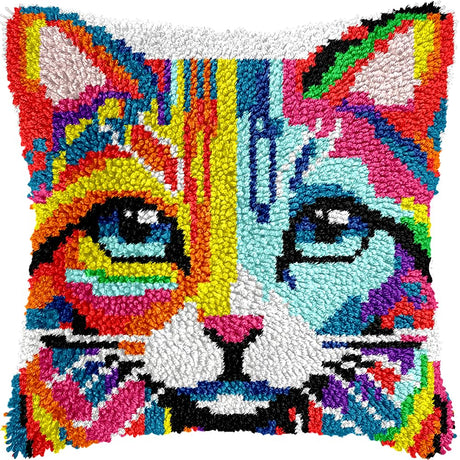 veirousa Colorful Cat Latch Hook Kits for Adults Kids Beginners Cute Animals Latch Hook Pillow Kit Pre-Printed Latch Hook Rug Kits Cross-Stitch Embroidery Cushion for Home Sofa Decoration 17x17 in. veirousa