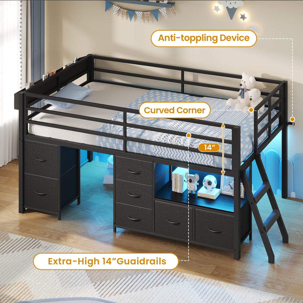 ADORNEVE Low Loft Bed Twin Size with 7 Storage Drawers, Bookcase and LED Lights, Metal Kids Loft Bed with 14" H Safety Guardrail,Inclined Ladder and Play Curtain, Under-Bed Play Space, Black ADORNEVE