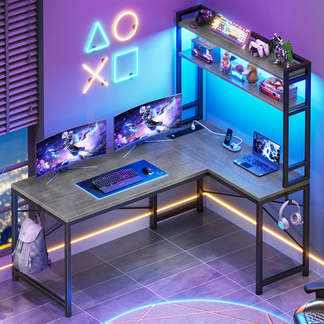 SEDETA L Shaped Computer Desk, 45.3” Small Office Desk, Corner Compuer Desk with Hutch, LED Lights, Power Outlet, Storage Shelves and Hooks for Home Office, Grey SEDETA