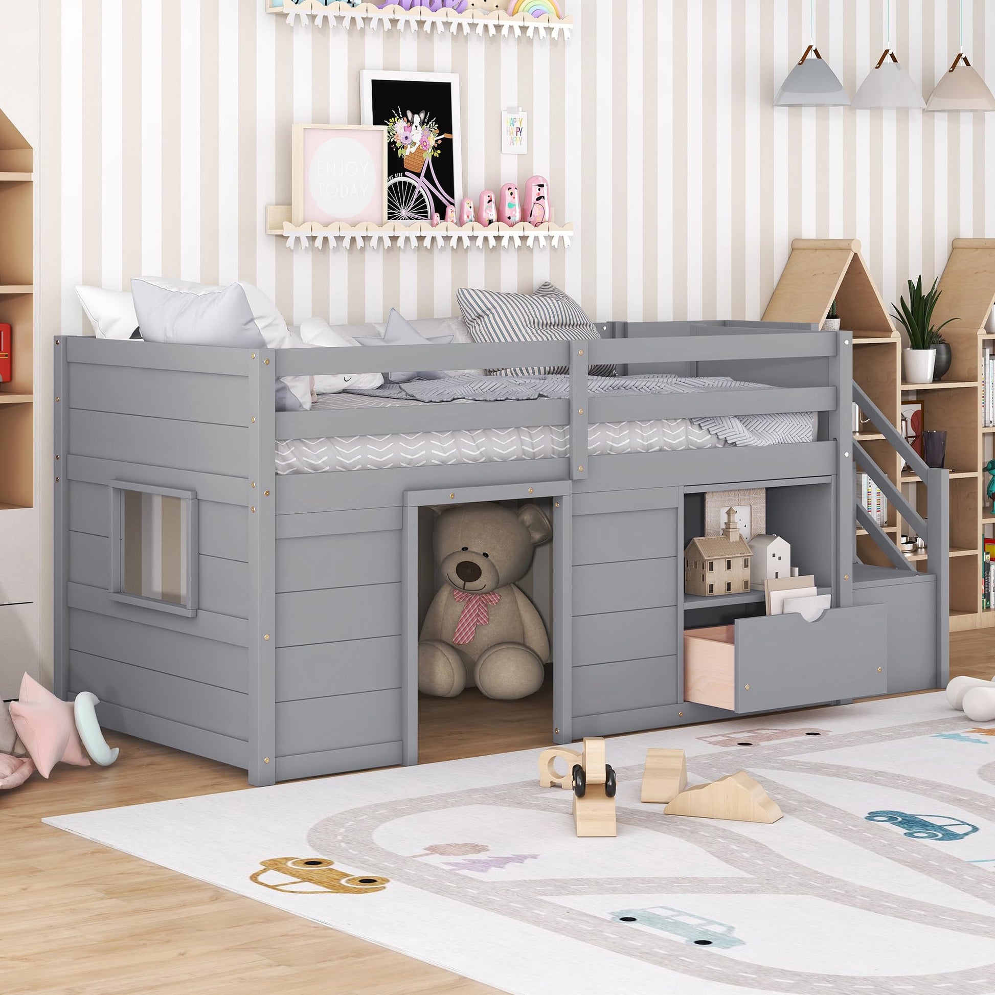 Okak Grey Twin Size Low Loft Bed with Playhouse, Storage Drawer, and Stairs for Kids - WoodArtSupply