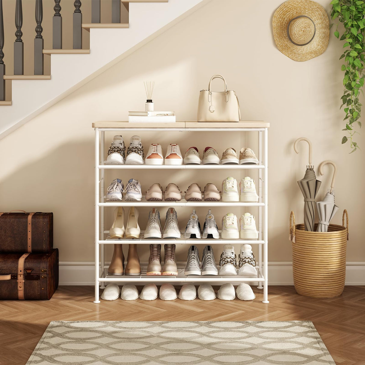 SUOERNUO Shoe Rack Organizer 5 Tier for Closet Entryway Free Standing Metal Storage Shoe Shelf with MDF Top Board，White+Oak SUOERNUO