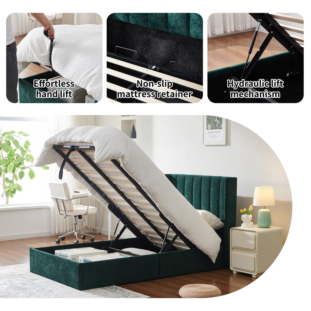YUHUASHI Queen Size Hydraulic Storage Bed, Upholstered Platform Bed Frame, Modern Wingback Design Headboard, Velvet Fabric with Hydraulic Support Bars, No Box Spring Required (Ink Green, Twin) YUHUASHI