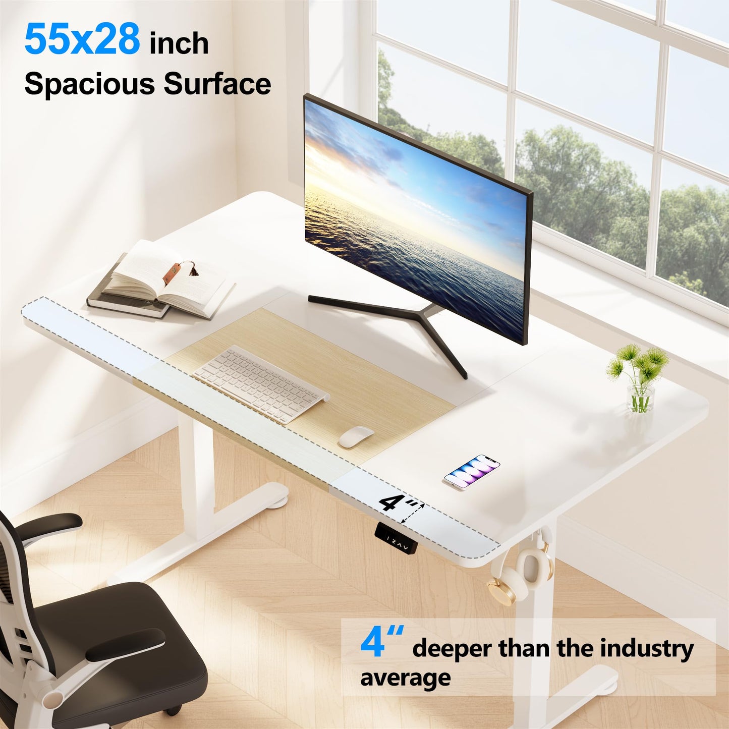 WOKA Electric Height Adjustable Electric Standing Desk, 55 x 28 Inch Sit Stand Desk with Memory Controllers, Stand up Desk for Home Office, White and Oak Tabletop - WoodArtSupply