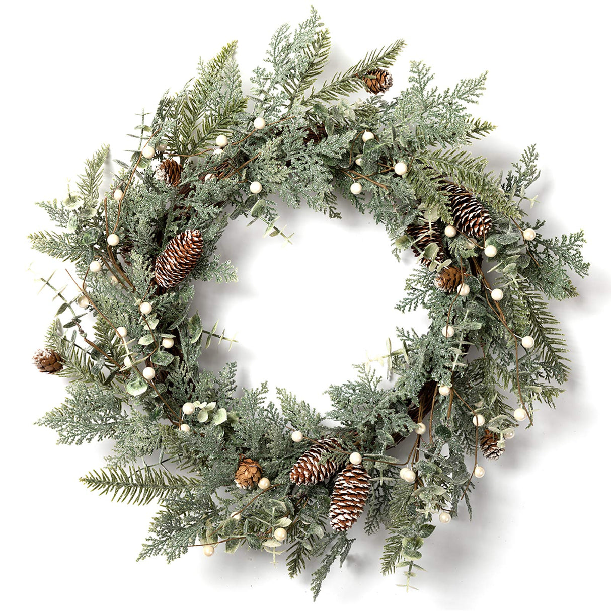 LOHASBEE Artificial Christmas Wreath, 24" Pine Cone Grapevine Flocked Glitter Fir Wreath with White Berries for Christmas Home Front Door Hanging Wall Window Decor LOHASBEE
