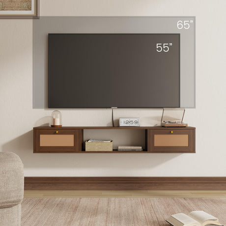 EROMMY Modern Rattan Floating TV Stand, Rectangular Wall-Mounted Floating Stand for TVs with Doors, Entertainment Center for Under TV Storage, 57 inch, Caramel Oak EROMMY