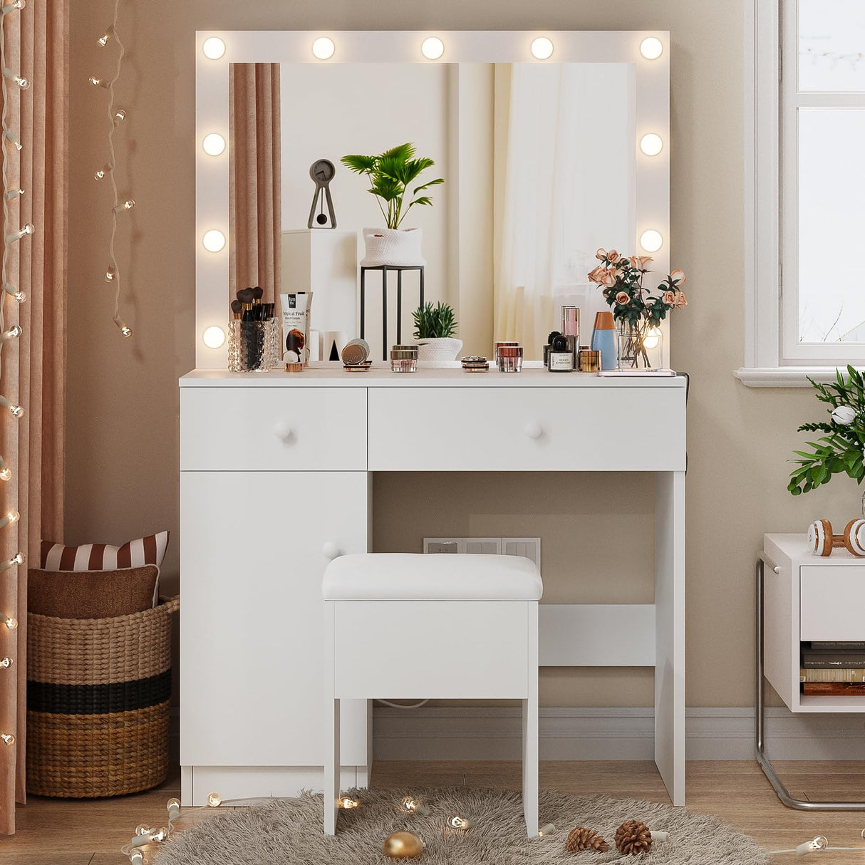 Haewon Vanity Desk with Mirror, 11 LED Lights and Power Outlet, Makeup Vanity Set with Storage Cabinet, Drawers and Chair, White Dressing Table with 3 Adjustable Light Modes for Bedroom Haewon