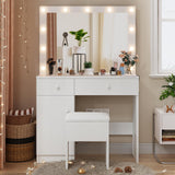 Haewon Vanity Desk with Mirror, 11 LED Lights and Power Outlet, Makeup Vanity Set with Storage Cabinet, Drawers and Chair, White Dressing Table with 3 Adjustable Light Modes for Bedroom Haewon