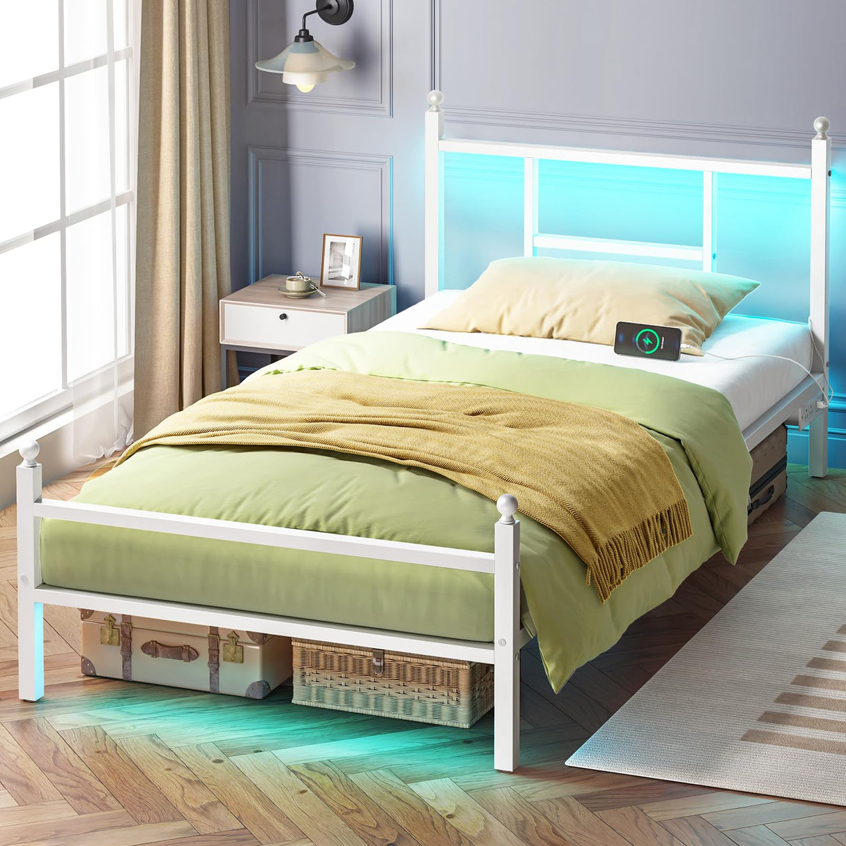 Fixwal Twin Bed Frame with Charging Station, Metal Bed Frame with Port and Outlet, White Fixwal