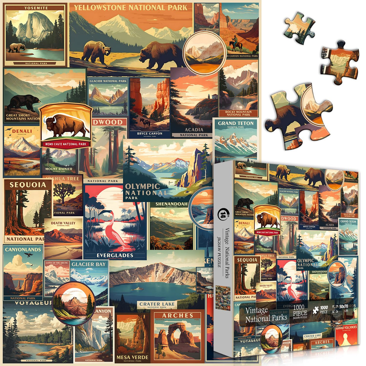 Vintage National Parks Puzzle for Adults 1000 Pieces, Travel Poster Landscape Puzzle Including Yellowstone Zion Acadia Yosemite, Nature Jigsaw Puzzles Scenery Mountain Scene PICKFORU