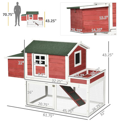 PawHut 63" Wooden Chicken Coop Hen House Poultry Cage for Outdoor Backyard with Raised Garden Bed, Run Area, Nesting Box and Removable Tray, Red