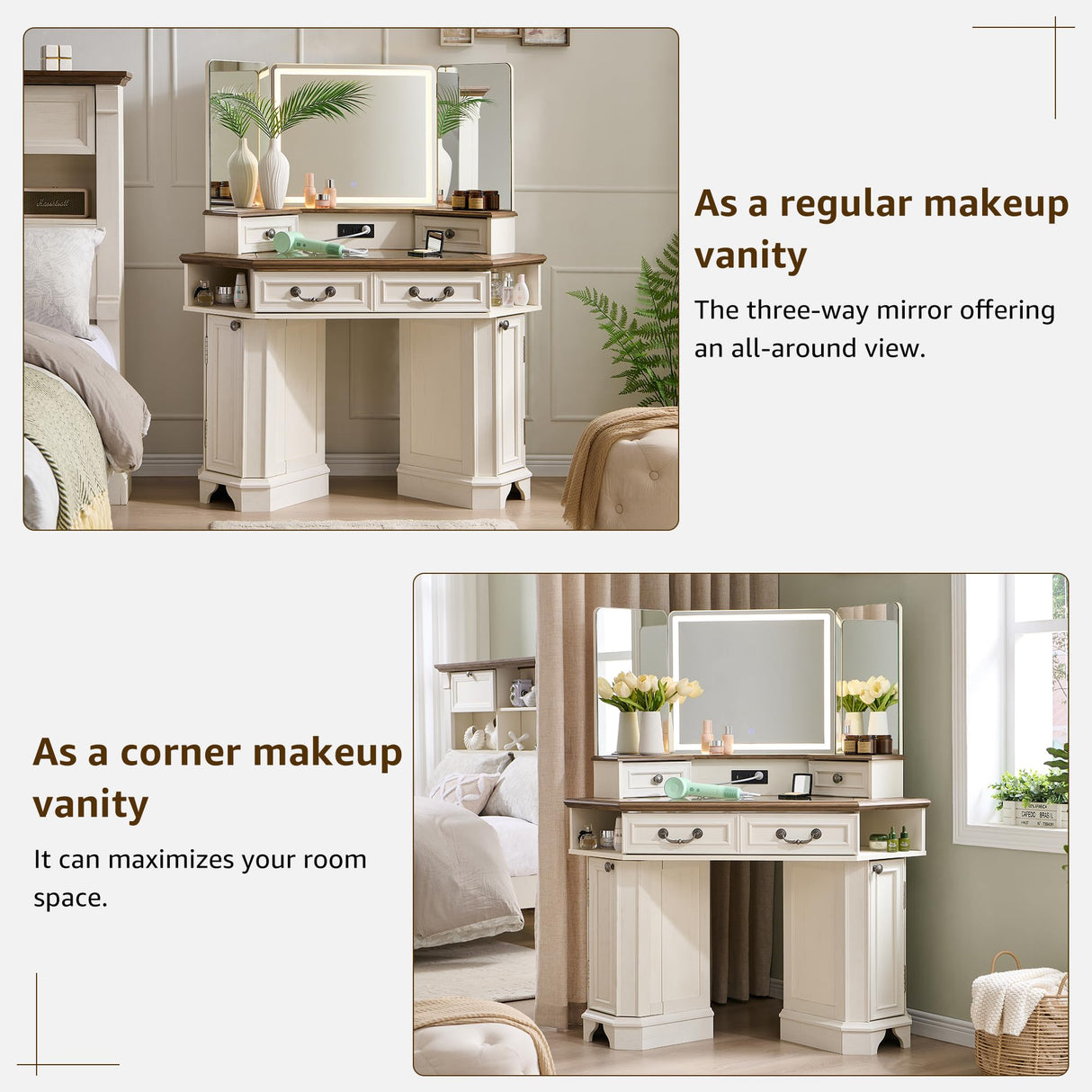T4TREAM Makeup Vanity Desk 48" with 3 Way Mirror and Lights, Large Farmhouse Corner Vanity Dressing Table with Glass Top & Charging Station, 3 Drawers & 2 Storage Cabinets for Bedroom, Antique White T4TREAM
