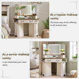 T4TREAM Makeup Vanity Desk 48" with 3 Way Mirror and Lights, Large Farmhouse Corner Vanity Dressing Table with Glass Top & Charging Station, 3 Drawers & 2 Storage Cabinets for Bedroom, Antique White T4TREAM