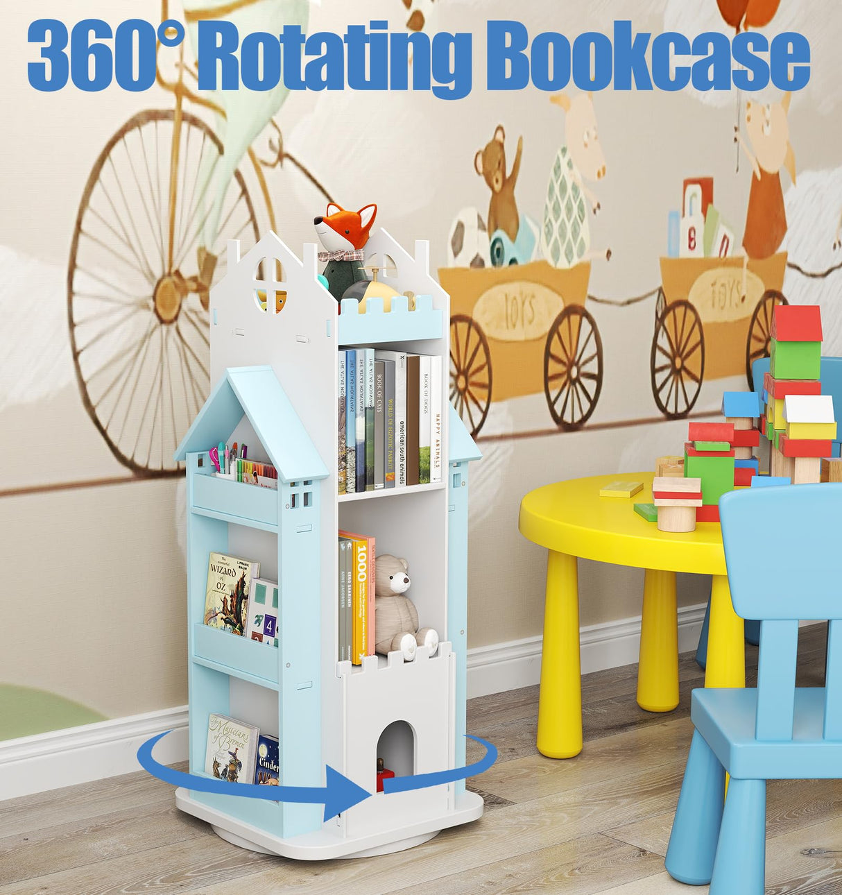 Suuiwau 360° Rotating Bookshelf Kids,Blue Revolving Bookcase 3-Tier Spinning Dollhouse Bookshelf Floor Standing Book Storage Organizer for Children's Room Suuiwau