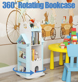 Suuiwau 360° Rotating Bookshelf Kids,Blue Revolving Bookcase 3-Tier Spinning Dollhouse Bookshelf Floor Standing Book Storage Organizer for Children's Room Suuiwau