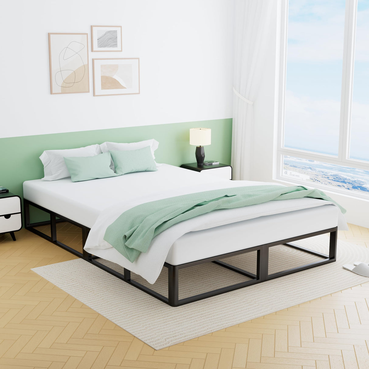 VIPSHOW 10 Inch Queen Metal Bed Frame Round Corner Low Platform Bed Frames 3000 LBS Heavy Duty Steel Slats Support Mattress Foundation No Box Spring Needed, Noise Free, Easy Assembly, Black VIPSHOW