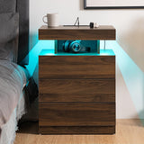 HOMMPA Set of 2 LED Nightstands with Wireless Charging Station Dark Walnut Bedside Table with Led Light Smart Nightstand USB Port 3 Drawers Night Table Mid Century Wood Night Stand Tall for Bedroom HOMMPA