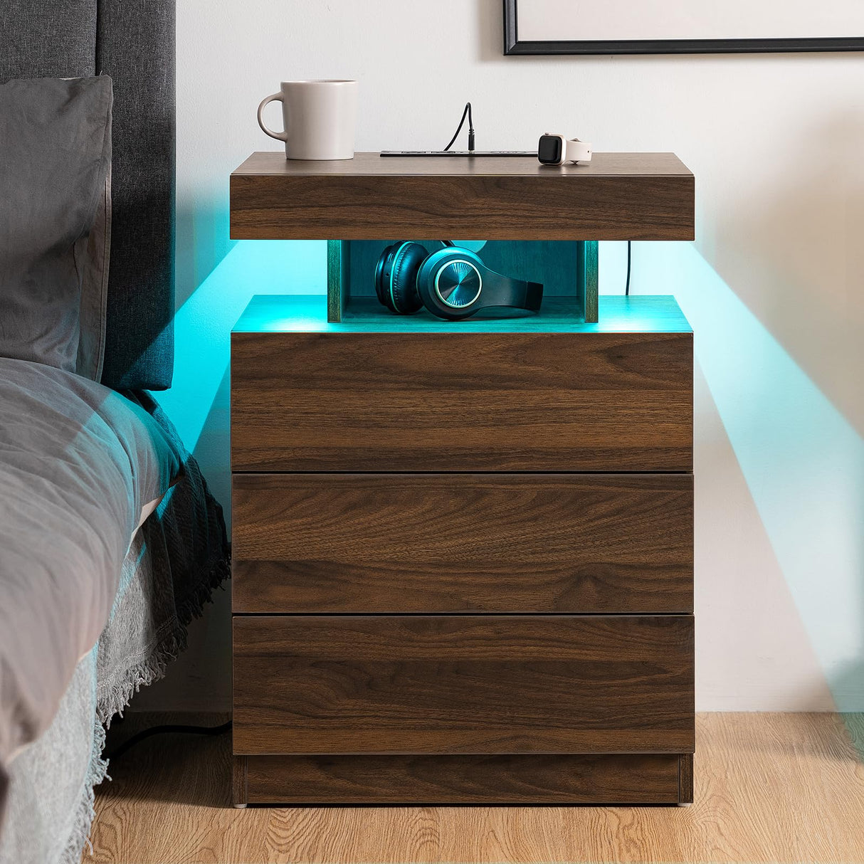HOMMPA LED Nightstand with Wireless Charging Station Dark Walnut Mid Century Bedside Table with Led Light Smart Nightstand USB Port Type C Tall Night Table with 3 Drawers Wood Night Stand for Bedroom HOMMPA