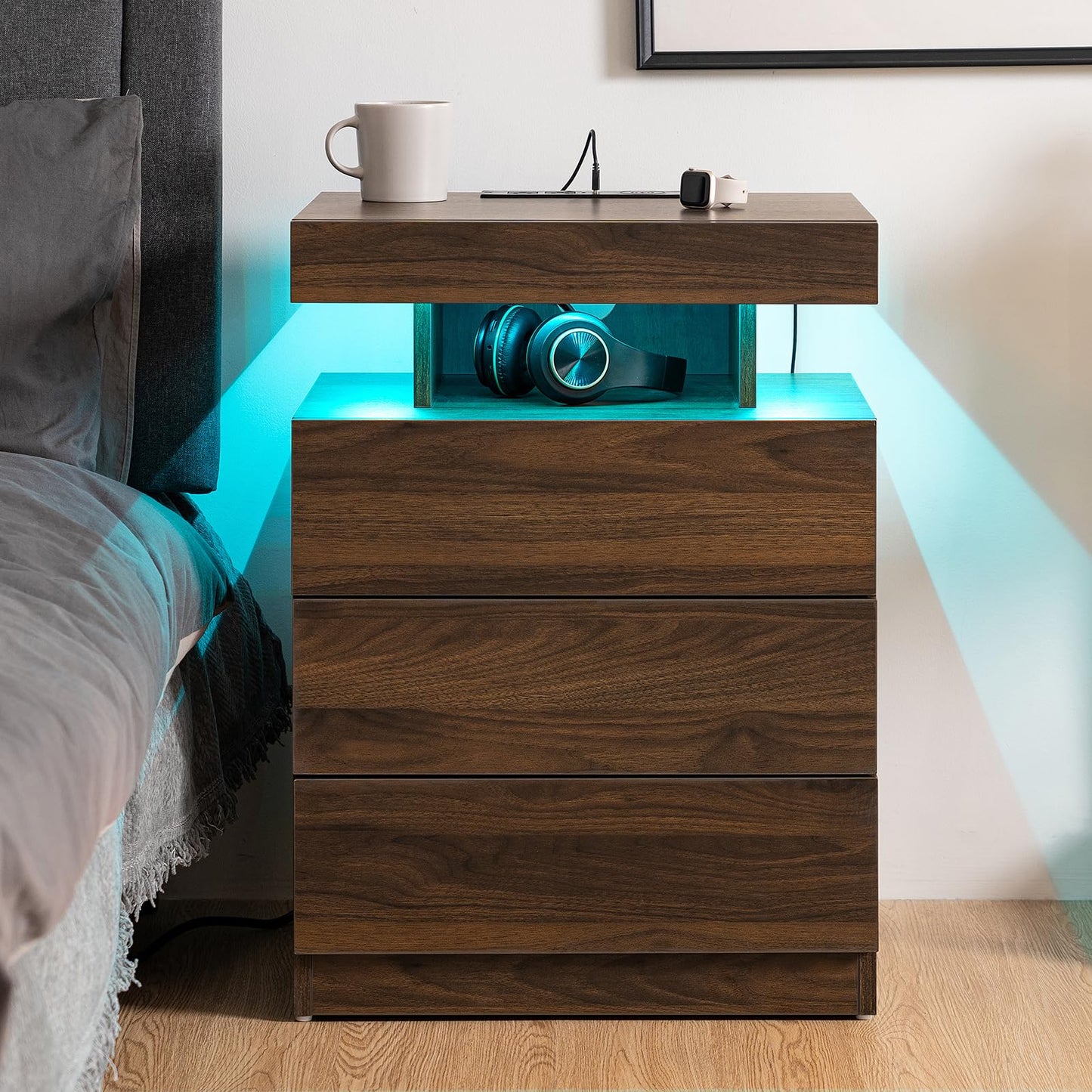 HOMMPA LED Nightstand with Wireless Charging Station Dark Walnut Mid Century Bedside Table with Led Light Smart Nightstand USB Port Type C Tall Night Table with 3 Drawers Wood Night Stand for - WoodArtSupply