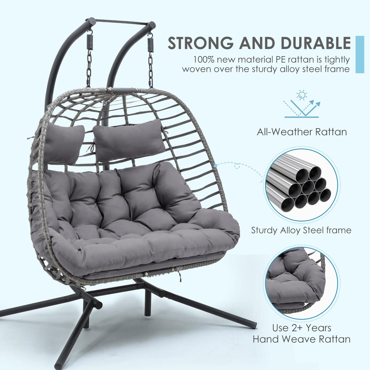 Brafab Double Egg Chair Swing with Stand, Oversized Hand-Woven Wicker Rattan 2-Person Egg Chairs for Outdoor Indoor, Hanging Egg Chair with Thick Double Cushion and Sturdy Steel Stand, Charcoal Brafab