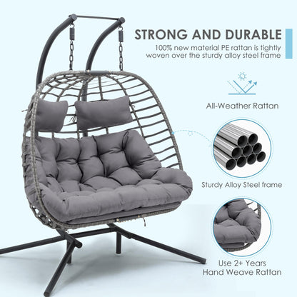 Brafab Double Egg Chair Swing with Stand, Oversized Hand-Woven Wicker Rattan 2-Person Egg Chair for Outdoor Indoor, Hanging Egg Chair with Thick Double Cushion and Sturdy Steel Stand, Charcoal