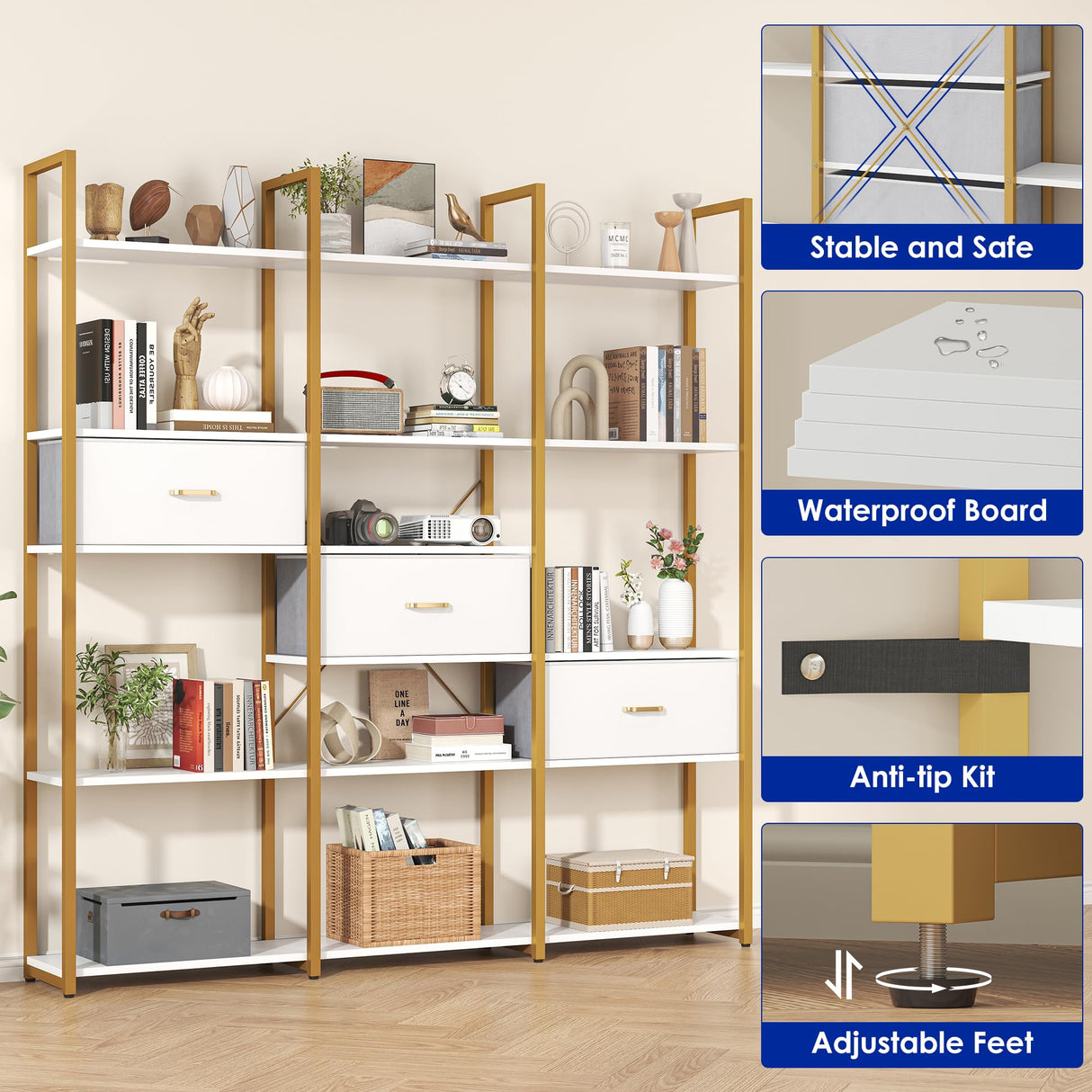Nosepen 73.6" Tall Bookshelf with 3 Drawers and 16 Storage Shelves, Industrial Bookcase with 16 Open Display Shelves, Large Etagere Bookshelf, Triple Wide Book Shelf Book Case for Home & Office, Gold Nosepen