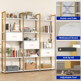 Nosepen 73.6" Tall Bookshelf with 3 Drawers and 16 Storage Shelves, Industrial Bookcase with 16 Open Display Shelves, Large Etagere Bookshelf, Triple Wide Book Shelf Book Case for Home & Office, Gold Nosepen