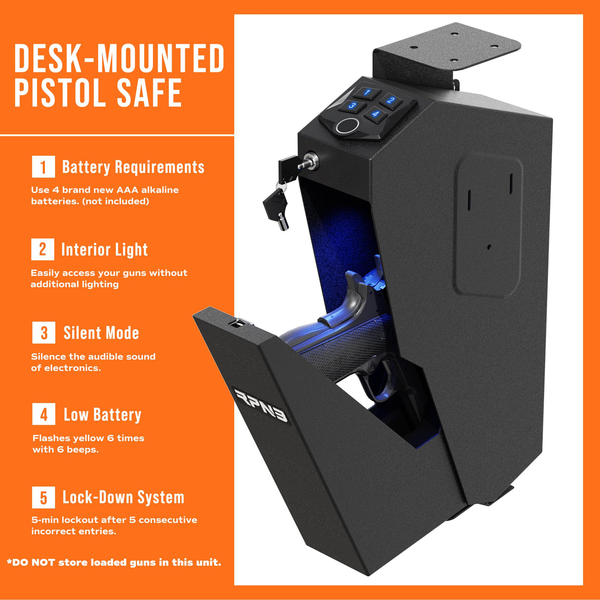 RPNB Mounted Gun Safe with Auto Open Lid Biometric Fingerprint Lock, California DOJ Certified Handgun Safe RPNB