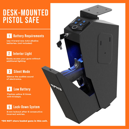 RPNB Mounted Gun Safe with Auto Open Lid Biometric Fingerprint Lock, California DOJ Certified Handgun Safe - WoodArtSupply