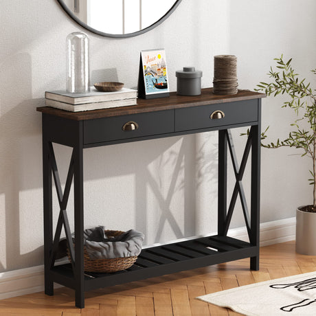 ChooChoo Farmhouse Console Table with Drawer for Entryway, Narrow Long Entry Table with Shelf for Living Room, Rustic Vintage Hallway Sofa Table with Stable X Supports, 40 Black ChooChoo