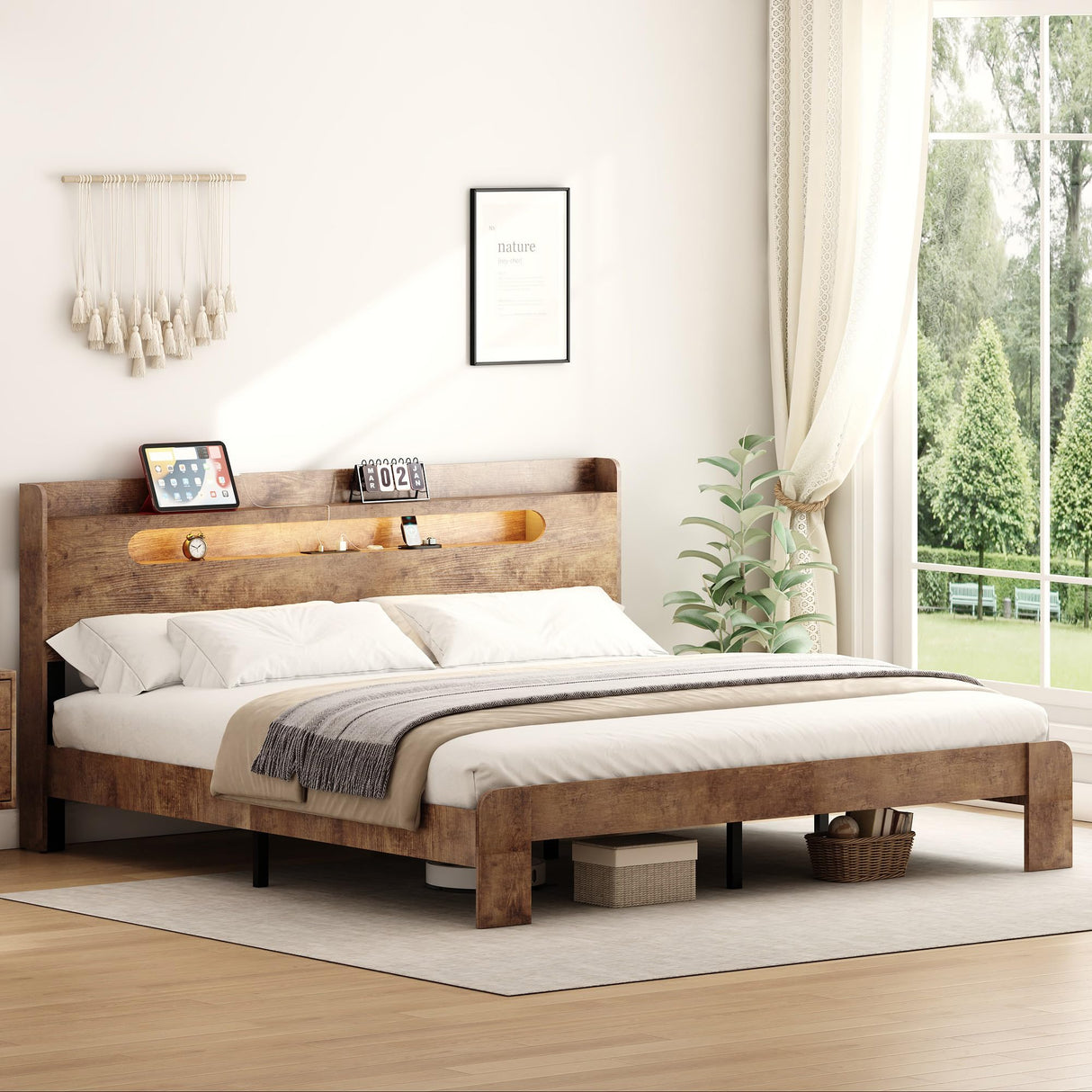 Decoholic King Size Wooden Bed Frame, Storage Headboard with Charging Station & Led Lights, Solid and Stable, Noise Free,Rustic Farmhouse Sturdy Framework Wood Bedframe, Easy Assembly Decoholic