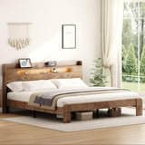Decoholic King Size Wooden Bed Frame, Storage Headboard with Charging Station & Led Lights, Solid and Stable, Noise Free,Rustic Farmhouse Sturdy Framework Wood Bedframe, Easy Assembly Decoholic