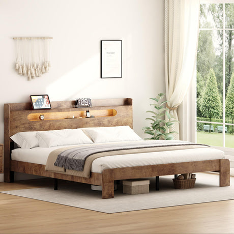 Decoholic King Size Wooden Bed Frame, Storage Headboard with Charging Station & Led Lights, Solid and Stable, Noise Free,Rustic Farmhouse Sturdy Framework Wood Bedframe, Easy Assembly Decoholic