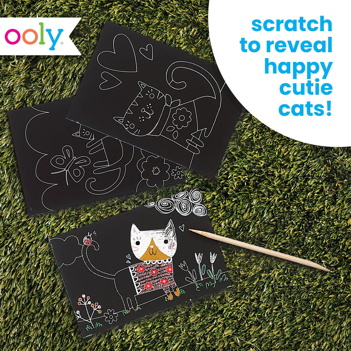 Ooly Mini Scratch & Scribble Art Kit - 6 Card Rainbow Scratch Art Set Summer Crafts for Kids, Travel-Friendly Craft Kit, Wooden Tool Included - Cutie Cats Ooly