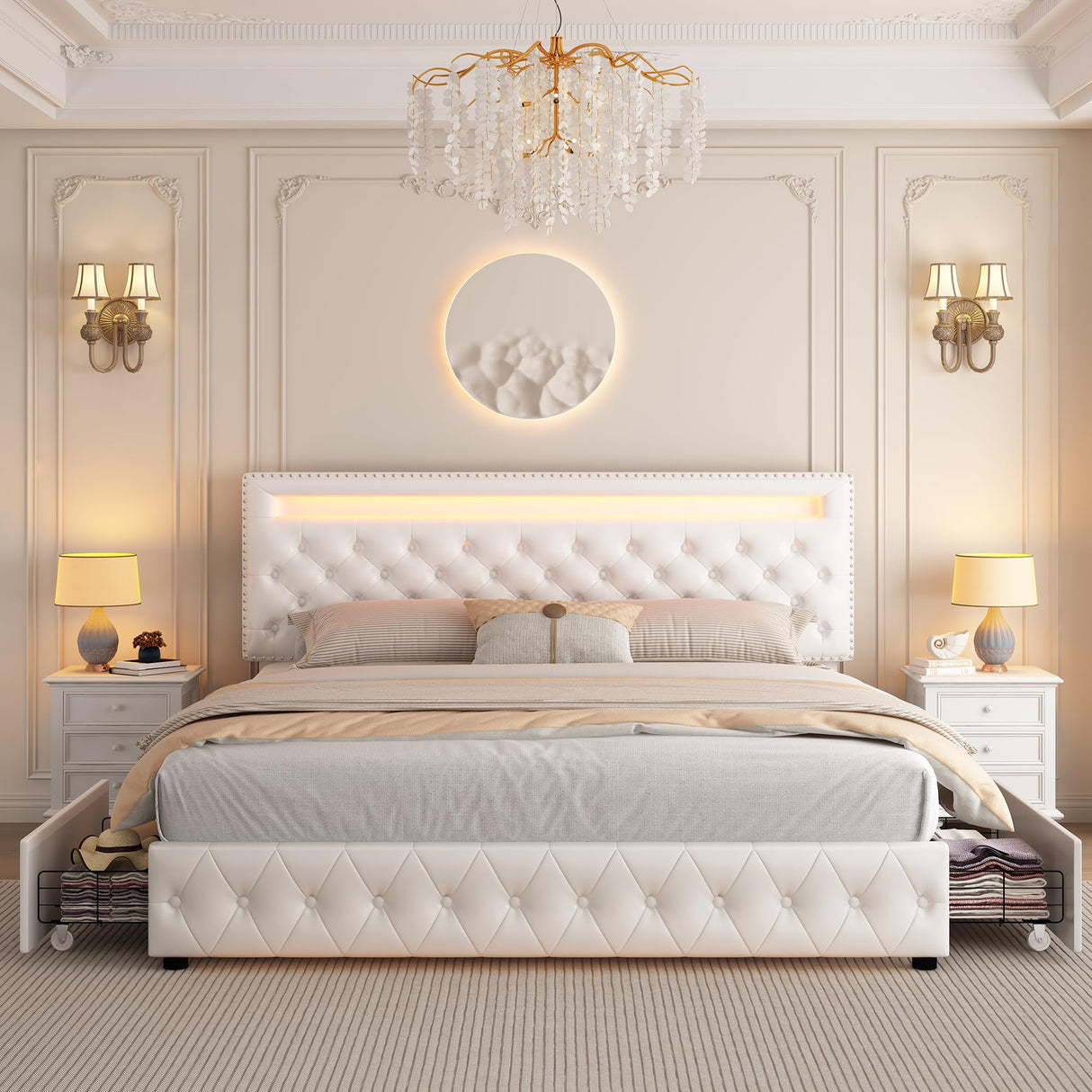 Queen Storage Bed Frame with LED Headboard and 4 Drawers in White WoodArtSupply
