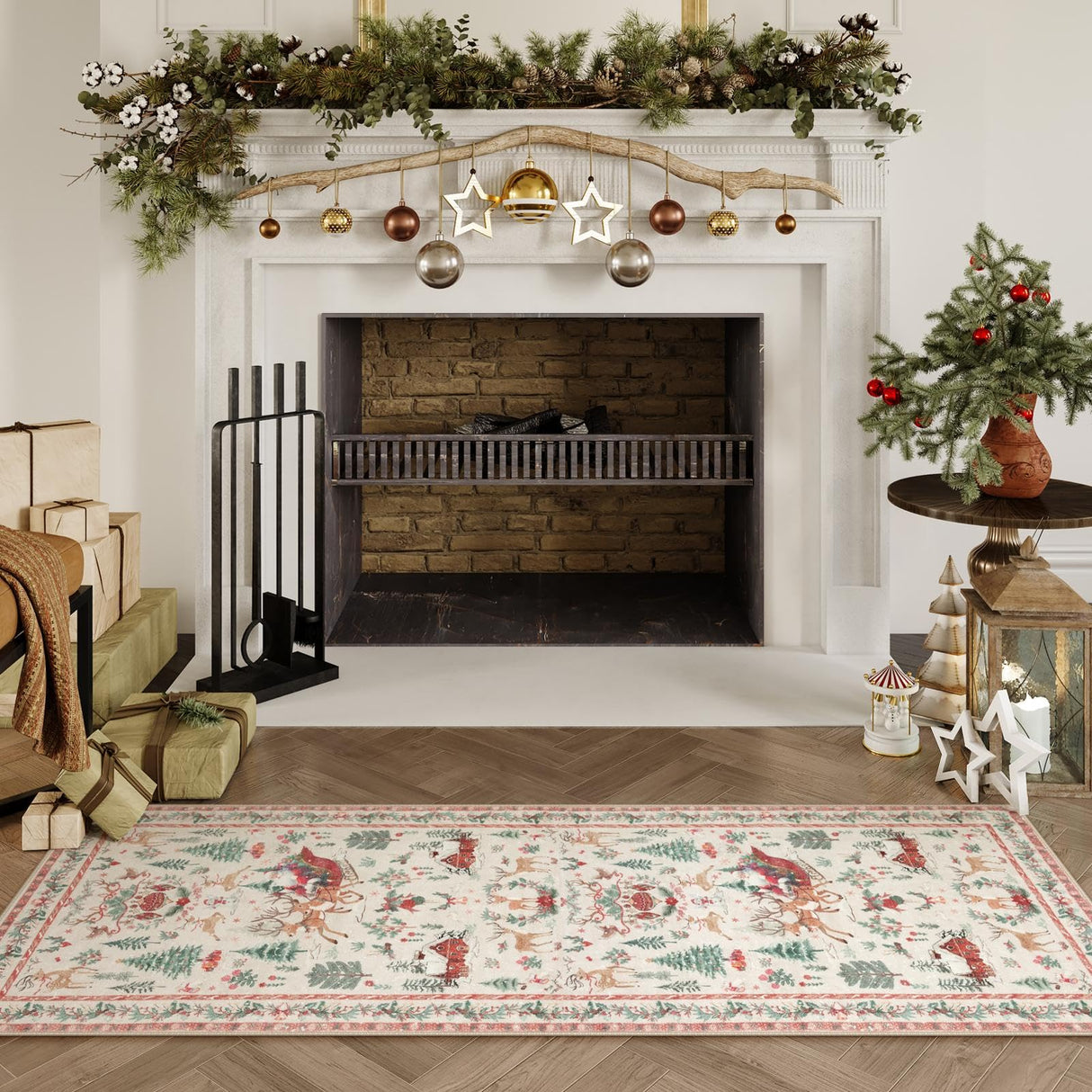 Lahome Christmas Runner Rug 2x6 Beige Runners for Hallways,Kitchen Rugs Non Slip Washable Entryway Carpet Runner,Soft Christmas Tree Santa Claus Runners for Bathroom Holiday Decor(2'x6',Beige) Lahome