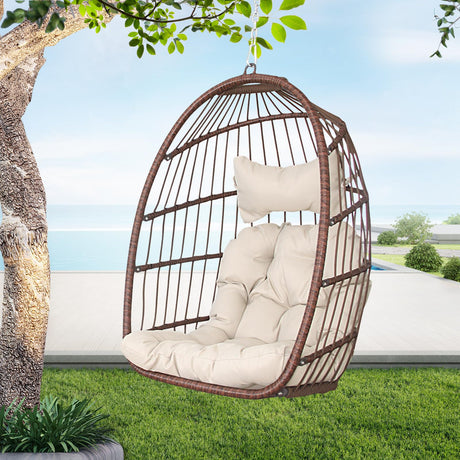 BULEXYARD Hanging Egg Chair Without Stand 350lbs Capacity, Brown Wicker Swing Egg Chair with Beige Cushion for Indoor/Outdoor Patio Porch Balcony, Foldable Hammock & Tree/Ceiling/Beam Mount BULEXYARD