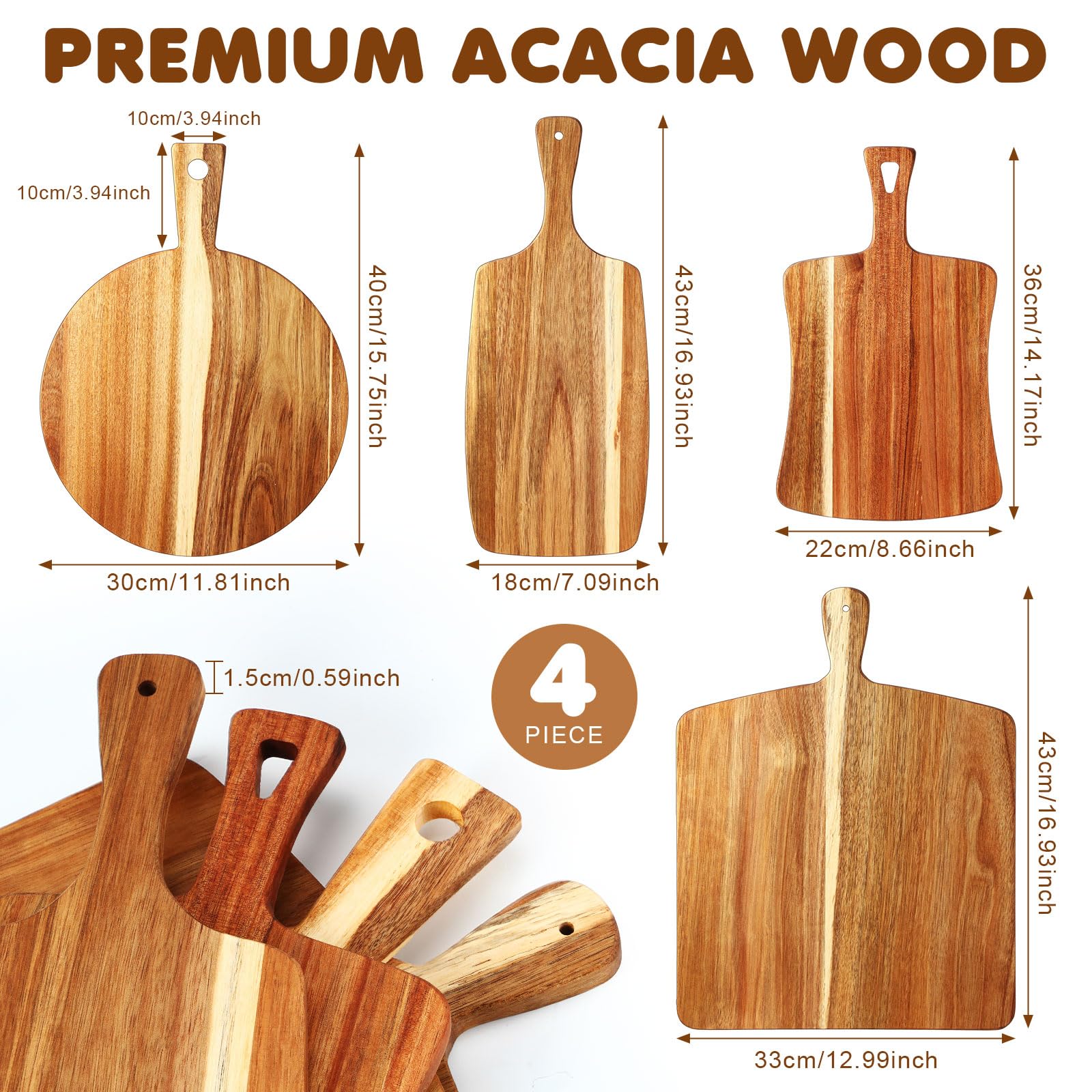 Silifine Set of 4 Thick Acacia Wood Cutting Boards with Handles, Assorted Sizes Large Charcuterie Boards, Butcher Block Serving Tray for Cheese, Meat, Pizza, Vegetables, Bread, Kitchen Dining - WoodArtSupply