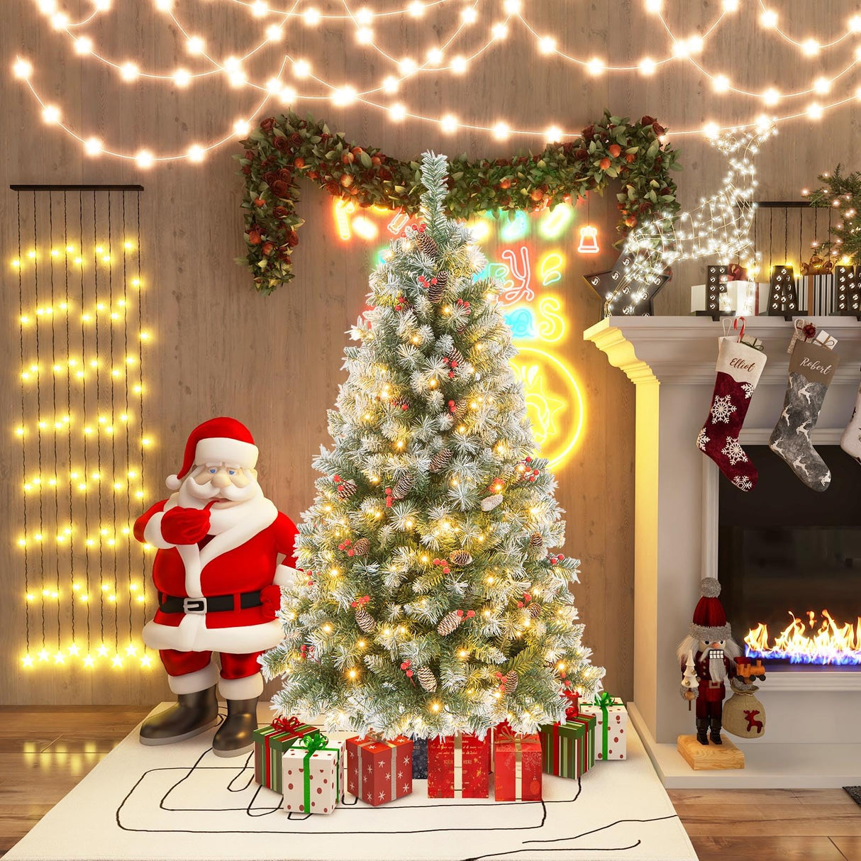 Goplus 5ft Pre-Lit Christmas Tree, Artificial Hinged Xmas Tree with 200 Warm-White LED Lights, 8 Lighting Modes, 450 Branch Tips, Red Berries & Pinecones, for Holiday Party Office Home Decor Goplus