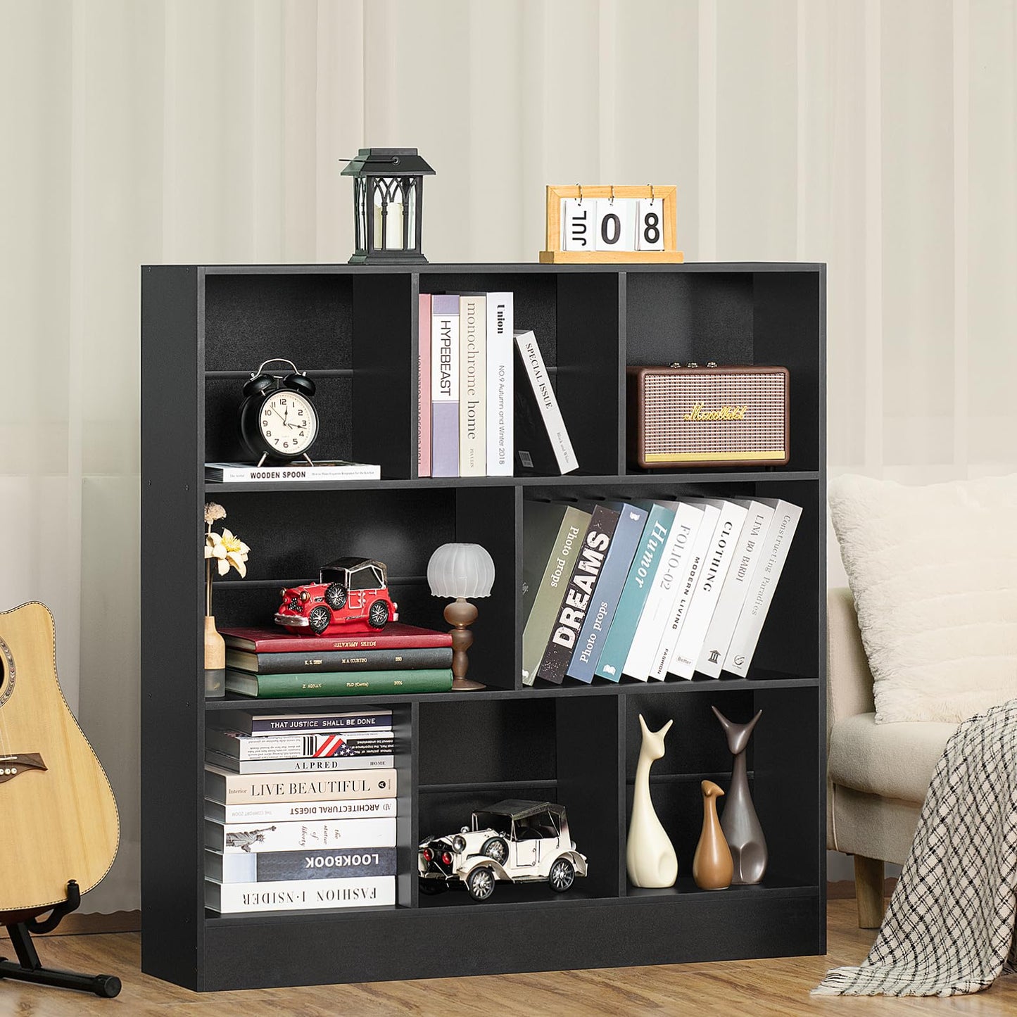 YAHARBO Modern Black 3-Tier Wide Bookshelf with 8 Cubes for Versatile Storage and Display