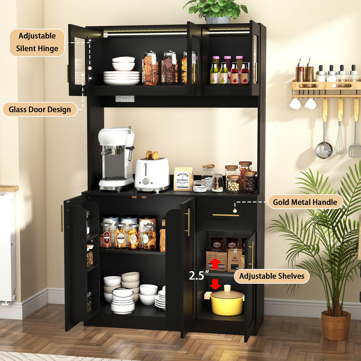 Vrmuxita Black Kitchen Pantry with Countertop: 71" Tall Kitchen Pantry Hutch Cabinet with Storage, Cabinet Hutch with Lights Outlets, Large Wood Food Cabinets (Black) Vrmuxita