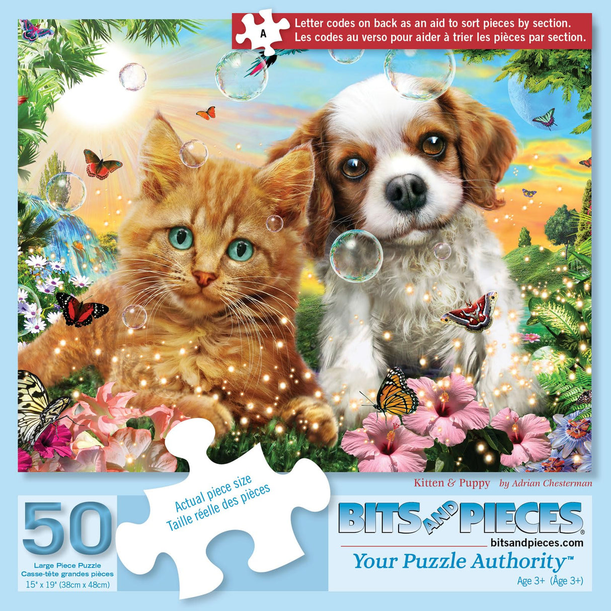 Bits and Pieces – Large 50 Piece Jigsaw Puzzle for Adults – Kitten & Puppy - Cute Baby Animals Dog Cat Jigsaw Puzzle by Adrian Chesterman, Completed Puzzle Size: 15" x 19" Bits and Pieces