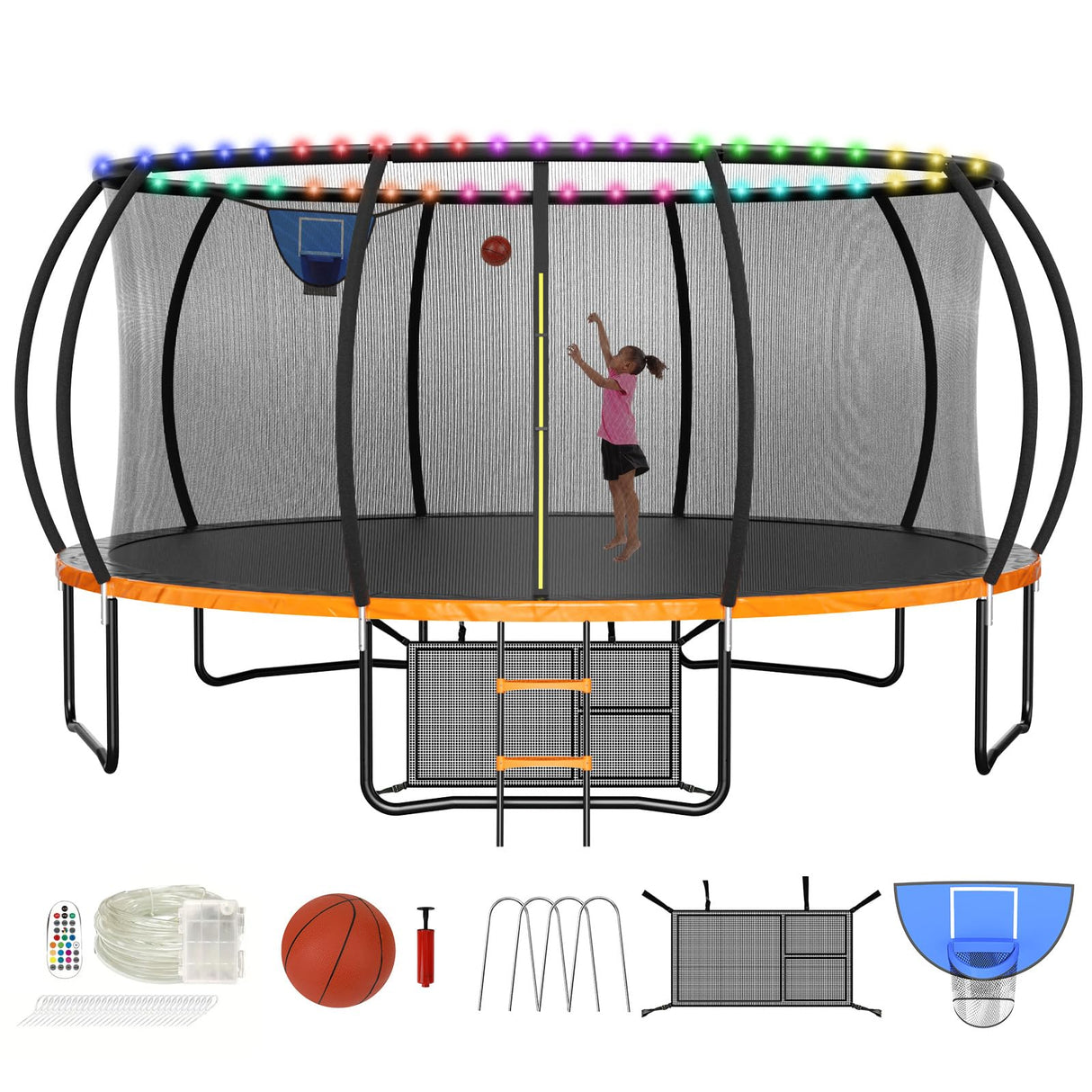 Zevemomo 16FT Trampoline for Kids and Adults, Trampoline with Basketball Hoop, Outdoor Trampoline with Light, ASTM Approval Large Outdoor Trampoline 16FT, Orange Zevemomo