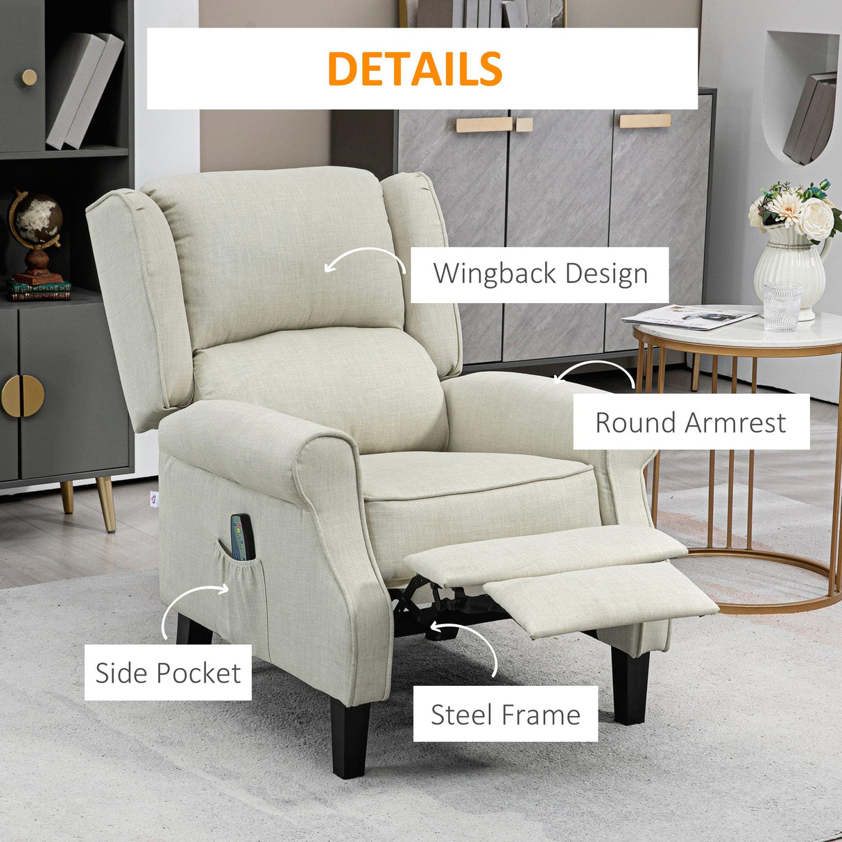 White Linen Recliner Chair with Heat & Vibration Massage, Modern Push Back Single Sofa for Living Room/Bedroom, 30.75" W x 32.75" D, Easy Control Remote & Side Pocket Generic