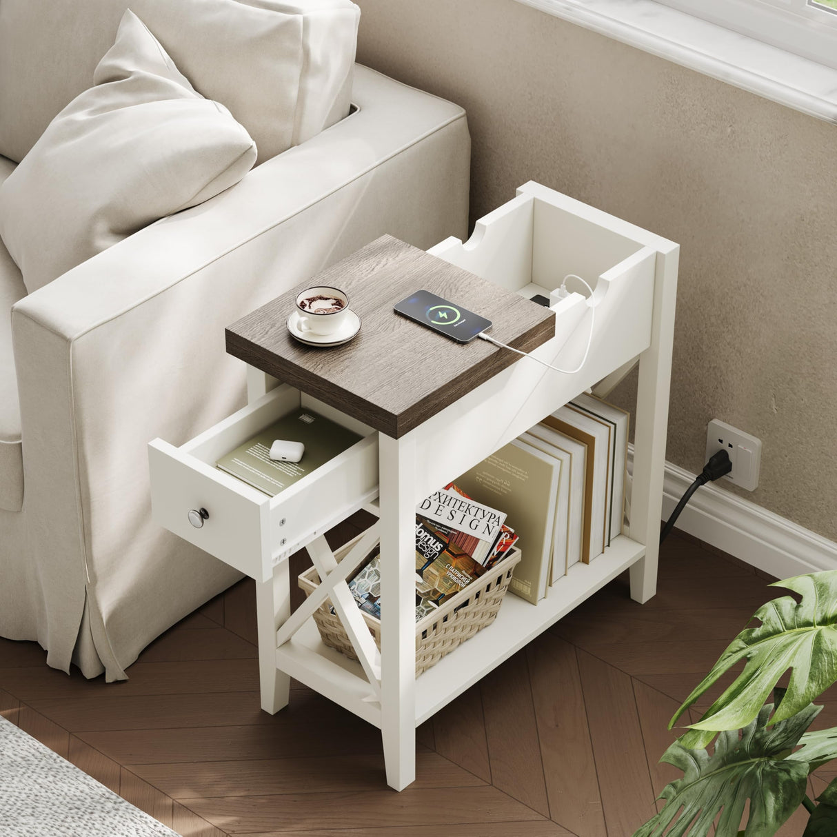 ChooChoo Farmhouse End Table with Charging Station, Accent Small Side Table Nightstand for Living Room, Bedroom, and Small Spaces - Soft White ChooChoo