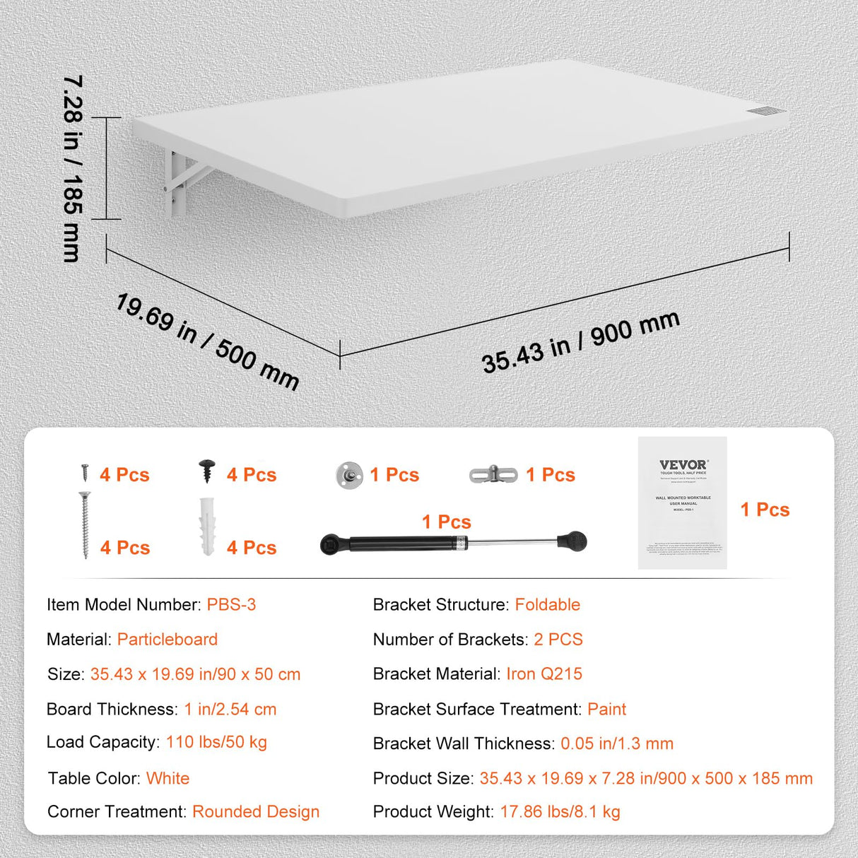 VEVOR Wall Mounted Folding Table, 35.43" x 19.69" Wall Mount Drop Leaf Table, Floating Desk with Iron Bracket, Fold Down Desk for Small Spaces, Home Office, Dining, Laundry Room, Kitchen, Bar, White VEVOR