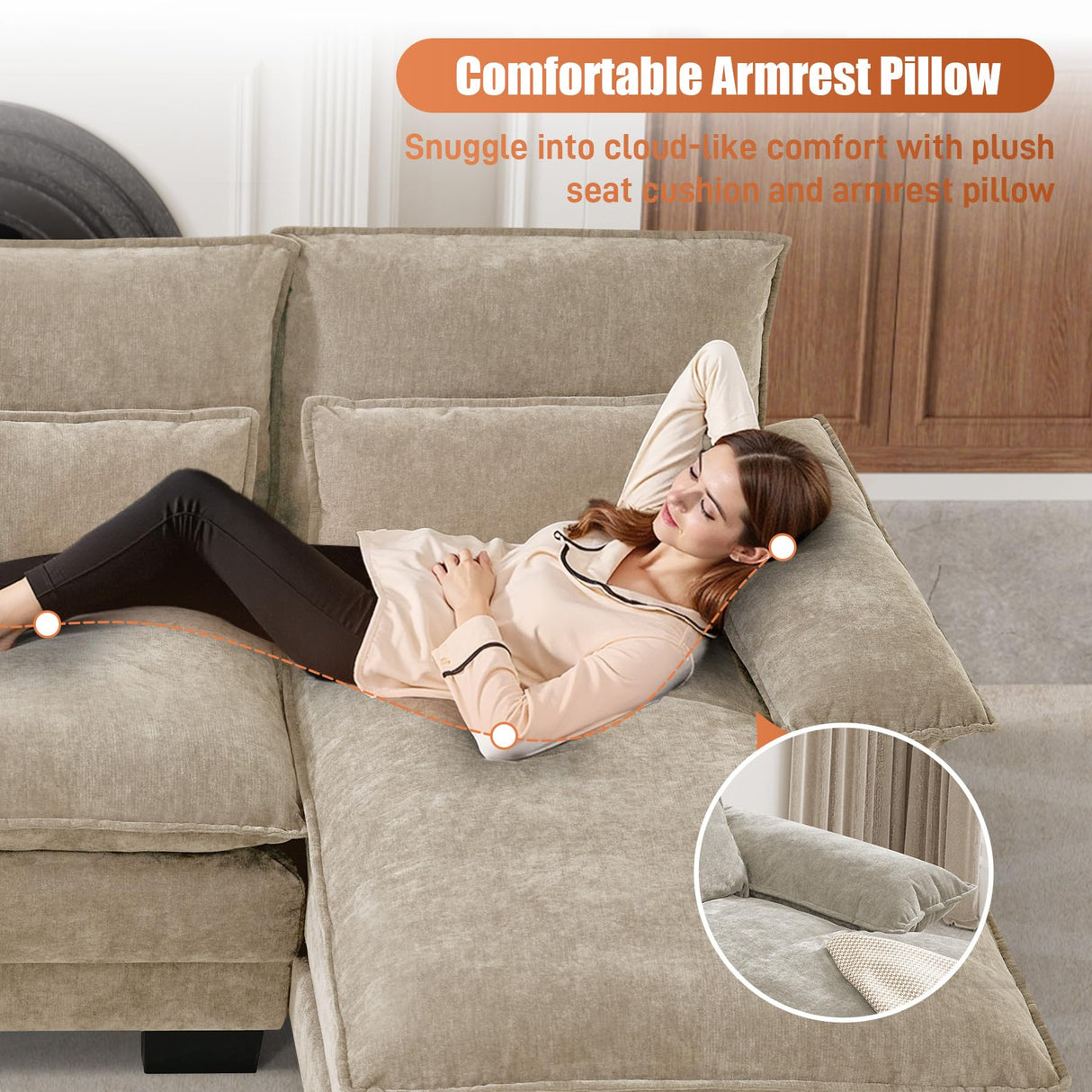 OUYESSIR 110" U Shaped Cloud Sectional Sofa with Deep Seat Cushions, Modern Comfy Chenille Couch, 4 Seater Fluffy Sectional Couches for Living Room with Double Chaise(Light Brown) OUYESSIR