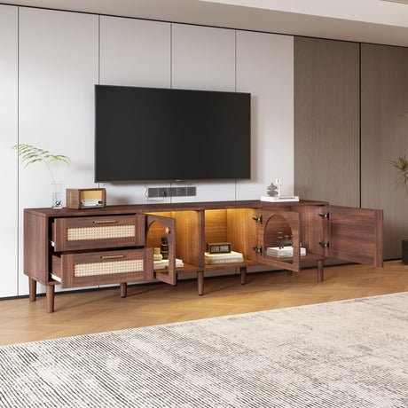 Merax Rattan TV Stand with LED Lights, 70" Entertainment Center with 3 Cabinets & 2 Drawers Media Console Table for TVs Up to 80", Solid Wood Feet, Living Room, Bedroom Furniture Merax