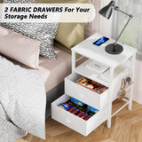 Furologee End Table with Charging Station, Nightstand with Fabric Drawers, Side Tables with USB Ports & Outlets, Night Stand with Storage Shelf & Hooks, for Living Room/Bedroom, White Furologee