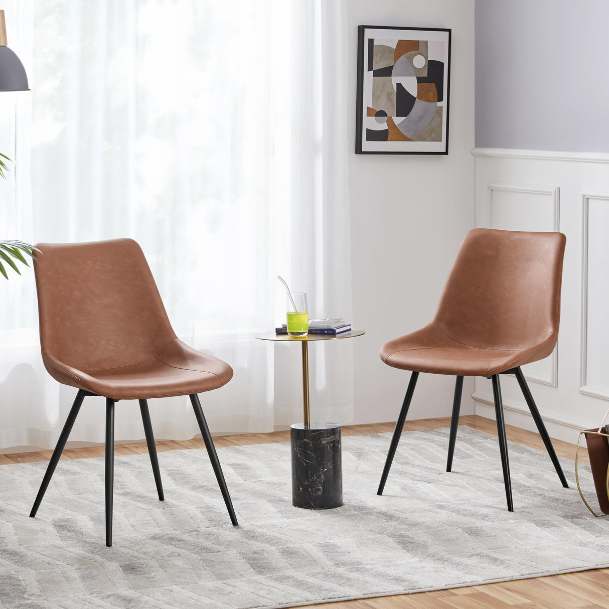 Yaheetech Dining Chairs Set of 2 Upholstered Modern Dining Room Chairs Mid Century Faux Leather Kitchen Chairs with Metal Legs for Dining Room Kitchen, Brown Yaheetech