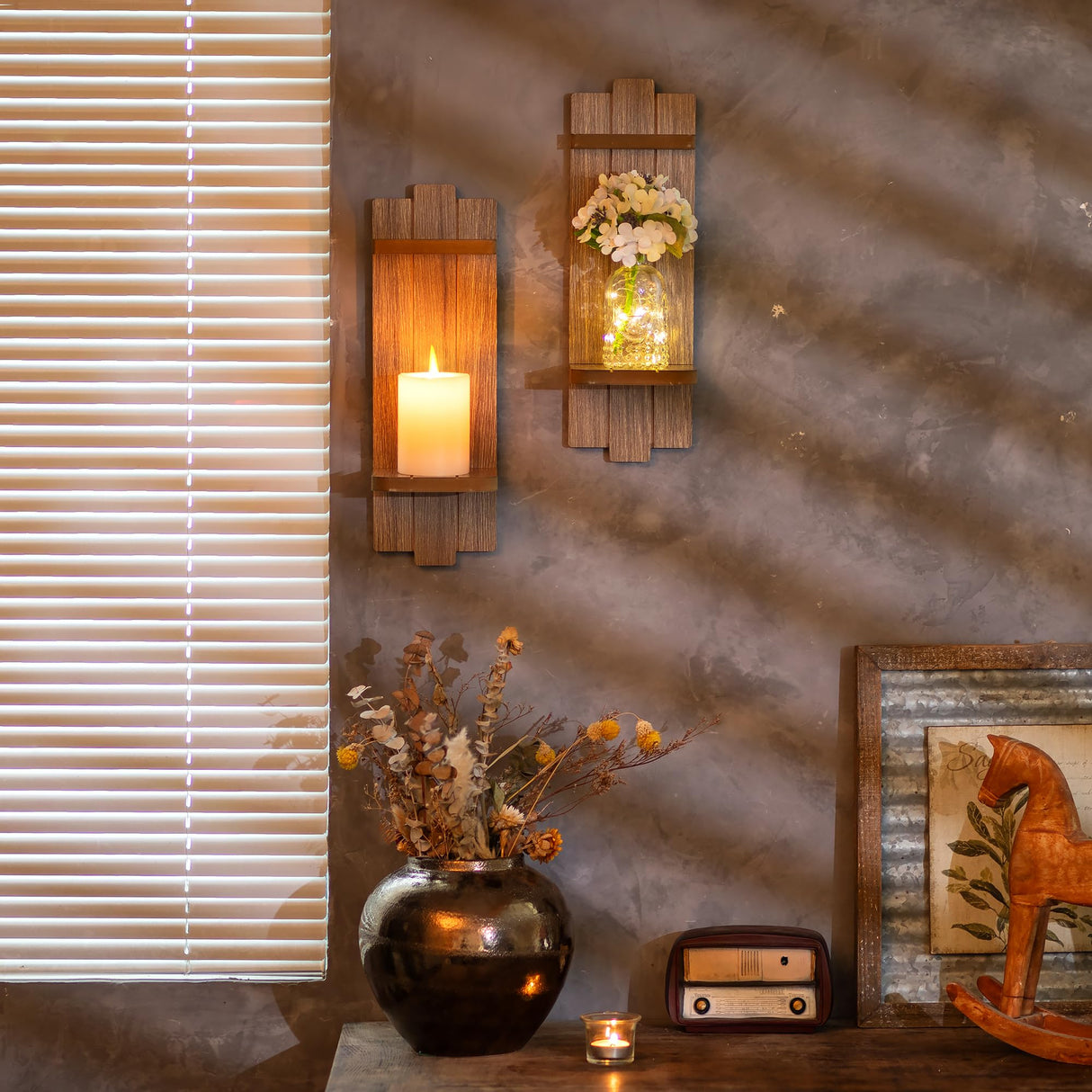 Walasis Wall Candle Holder for Farmhouse: Wood Candle Sconces Wall Decor Set of 2 - Distressed Candle Holders for Small Vase Pillar Candles Tealight Walasis